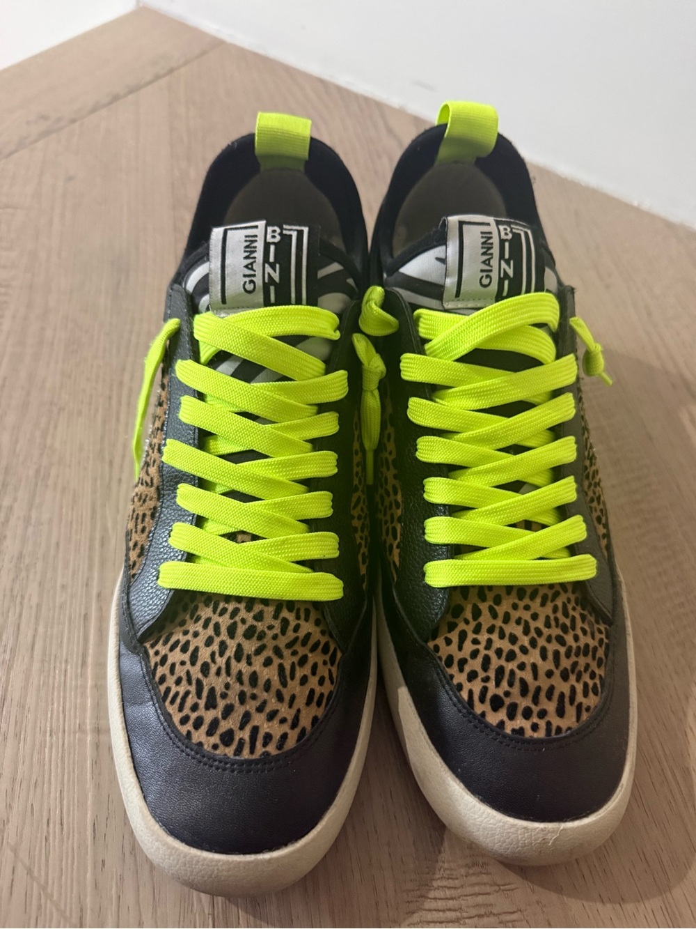Gianni Bini Men’s Leopard-Print Sneakers with Neon Yellow Laces